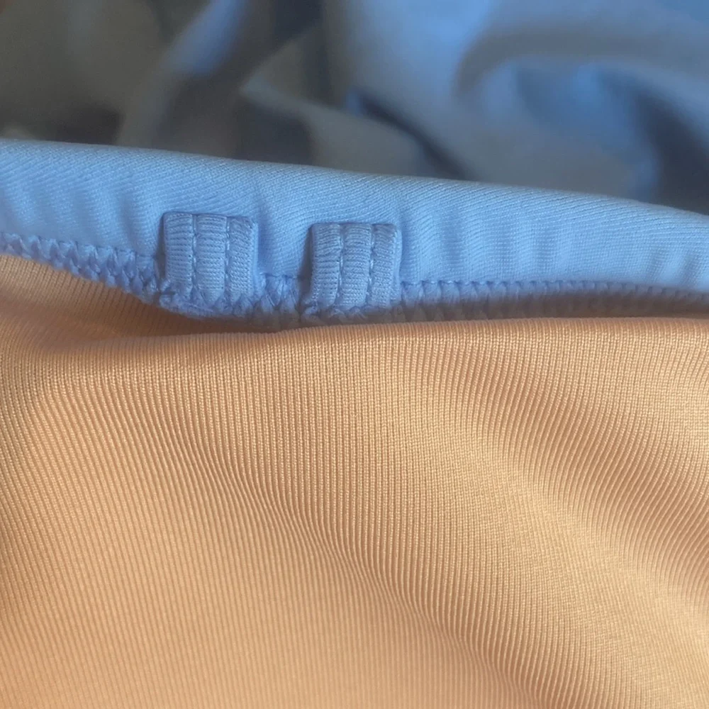 Reimagined by J Crew ruched bandeau one piece bathing suit in Pale Seascape